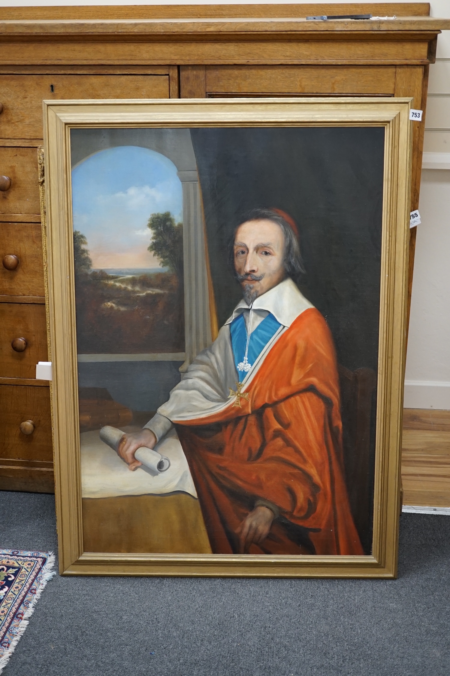 French School, oil on canvas, Portrait of Cardinal Richelieu (1585–1642), before a landscape, unsigned, 100 x 69cm. Condition - fair, some feint craquelure